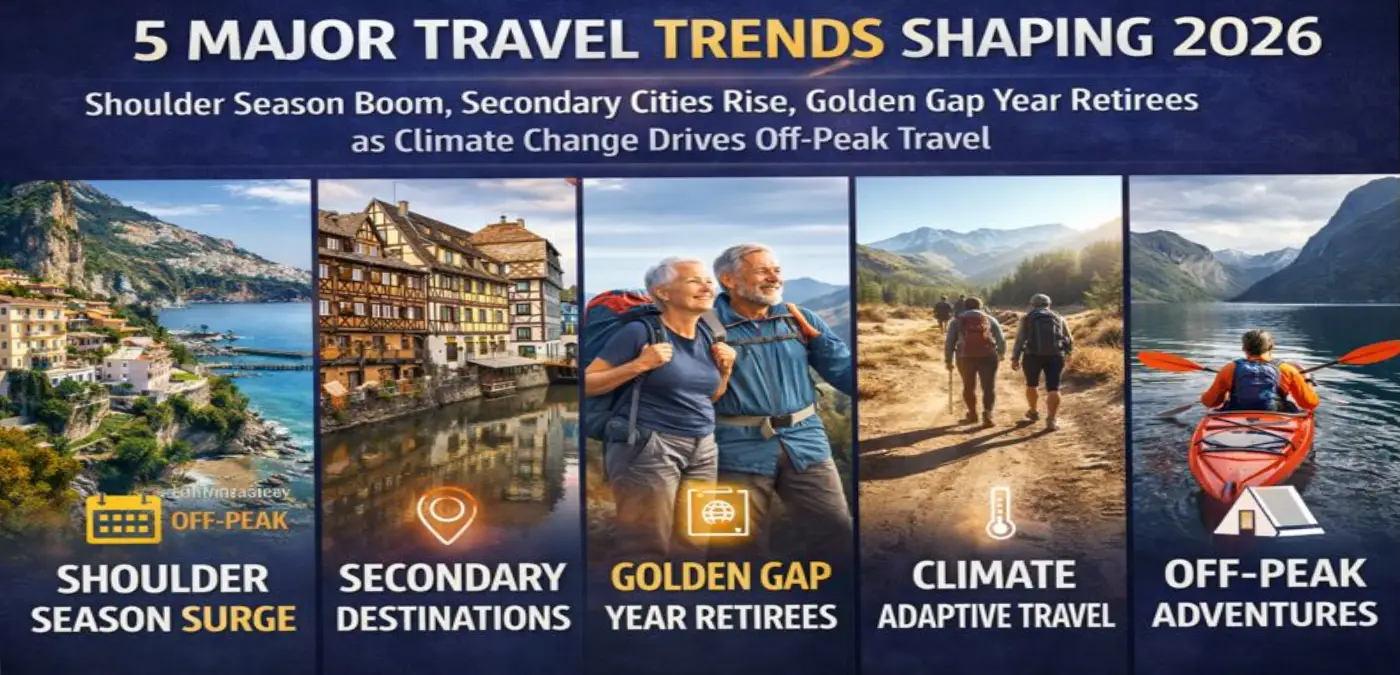 5 major travel trends 2026 shoulder season secondary cities climate-conscious travel infographic