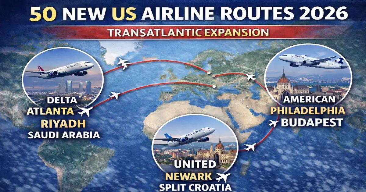 50 new US airline routes 2026 Delta Atlanta Riyadh Saudi Arabia American Philadelphia Budapest United Newark Split Croatia transatlantic expansion
