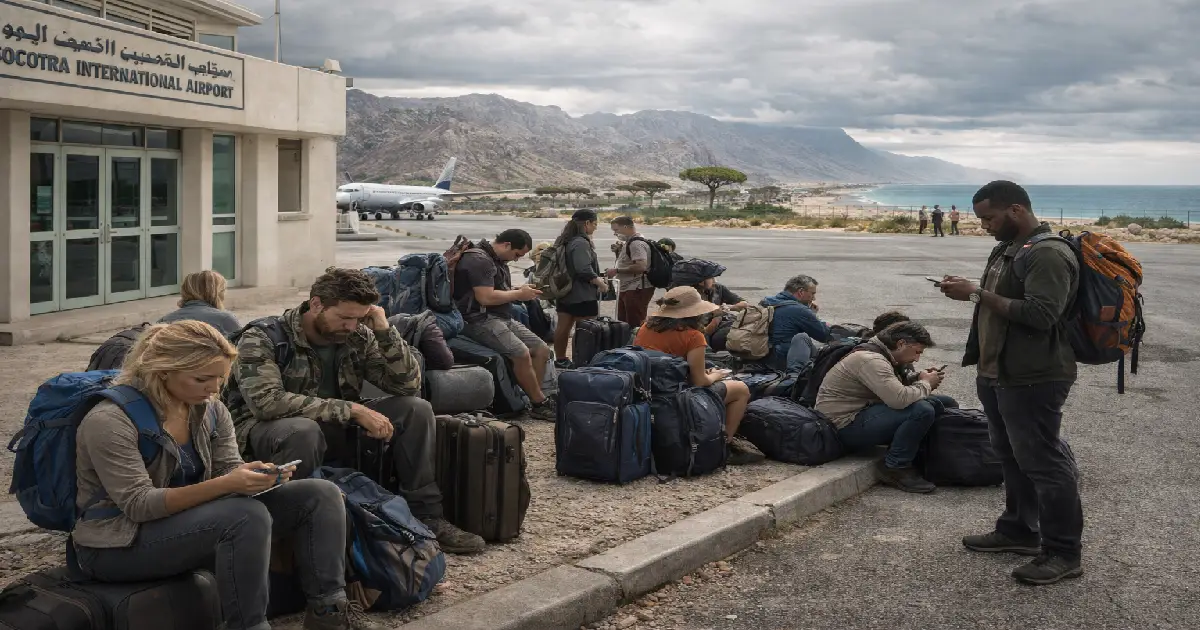 600 tourists stranded on Socotra Yemen island 10 days Saudi UAE military conflict airport closed no evacuation flights January 2026