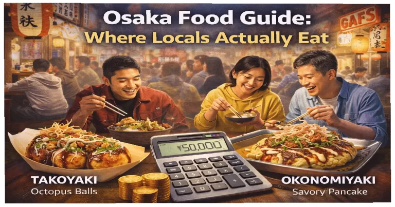 Vibrant Osaka street food scene in Dotonbori with locals eating takoyaki and okonomiyaki at authentic neighborhood stalls
