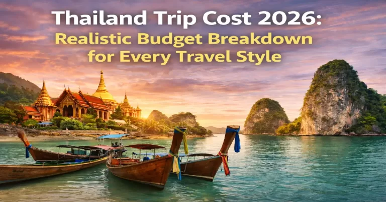 Thailand budget travel showing street food markets, hotel options, beach resorts, and transportation illustrating various costs for different travel styles