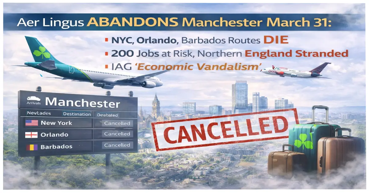 Aer Lingus Airbus A330 aircraft at Manchester Airport before airline cancelled all transatlantic routes to New York Orlando Barbados effective March 31 2026 leaving Northern England without direct US Caribbean flights IAG cost cutting