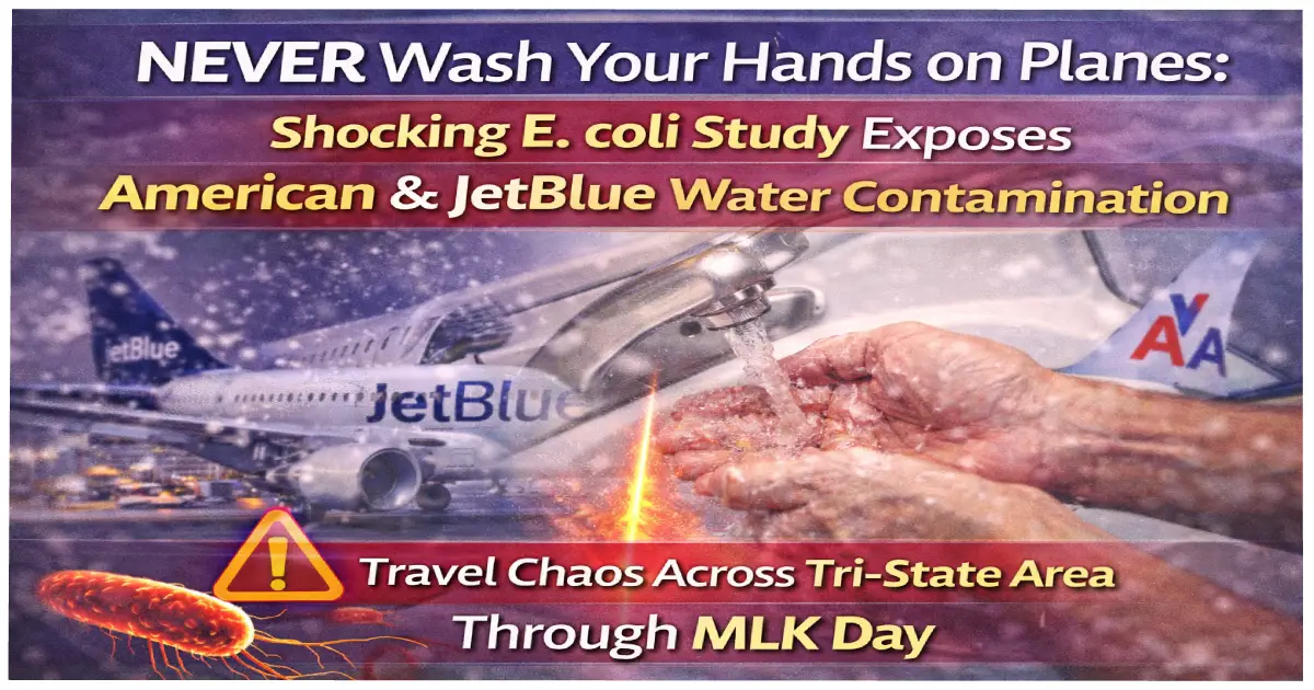 Airline water quality study 2026 showing American Airlines and JetBlue Grade D with E coli bacteria contamination in 35674 samples tested while Delta earned perfect Grade A score warning never wash hands or drink tap water on planes