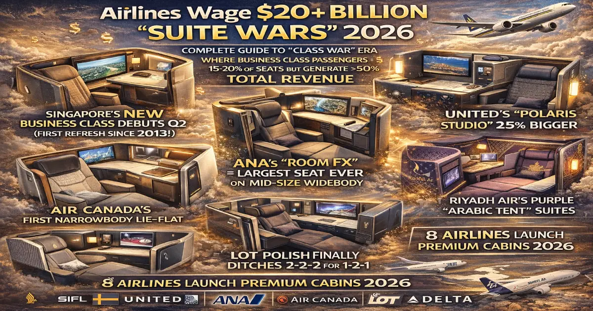 Airlines invest $20 billion in premium business class cabins 2026, Singapore United ANA Air Canada new seats comparison infographic