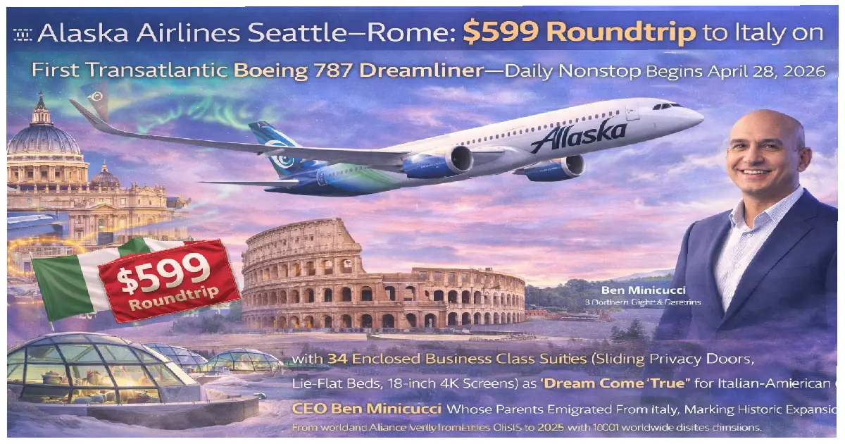 Alaska Airlines Boeing 787-9 Dreamliner Aurora livery northern lights inspired Seattle Rome first transatlantic flight April 28 2026 business class suites 34 seats sliding doors 599 dollar roundtrip Italy London Reykjavik expansion oneworld