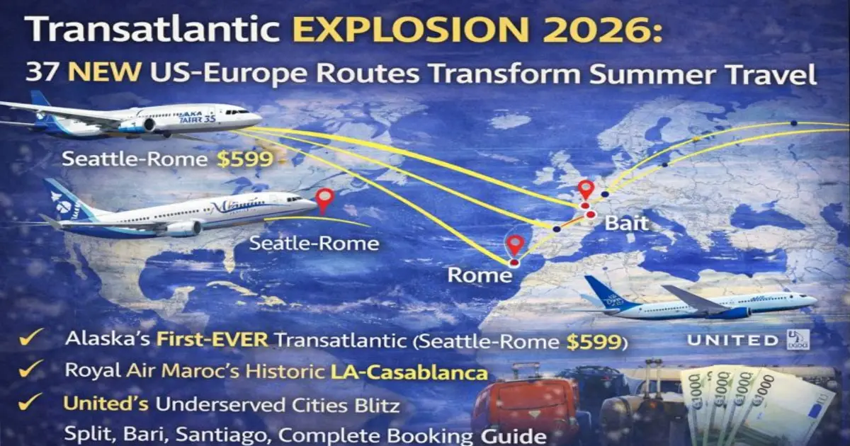 37 new transatlantic routes 2026 map showing Alaska Seattle-Rome, United Newark-Split/Bari, Royal Air Maroc LA-Casablanca