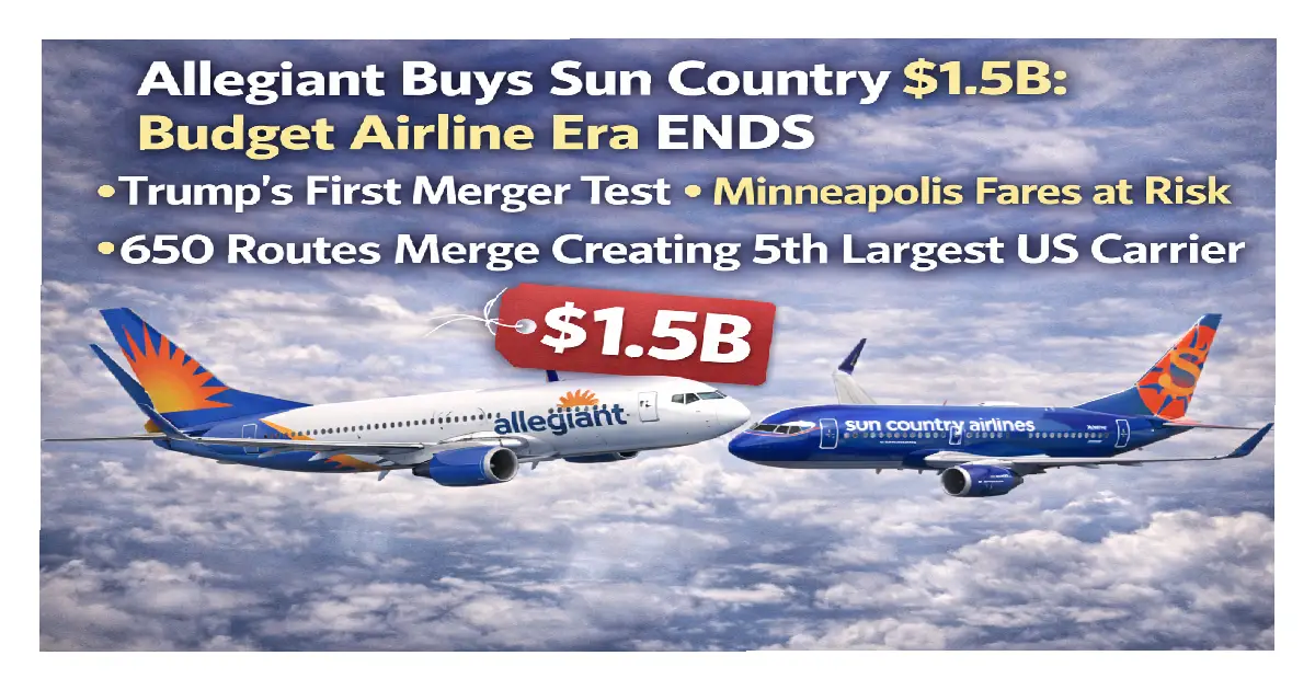 Allegiant Air and Sun Country Airlines aircraft side by side after January 11 2026 announcement of 1.5 billion dollar merger creating fifth largest US carrier pending Trump administration Department of Justice antitrust approval