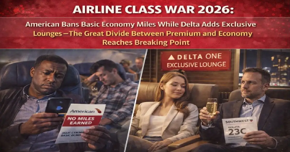 American Airlines basic economy no miles ban December 2025 Delta premium lounges class warfare economy vs first class divide