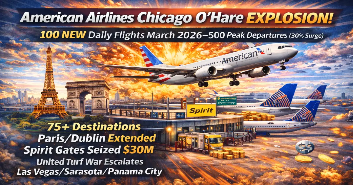 American Airlines Chicago O'Hare 100 new flights March 2026, 500 daily departures, Las Vegas Sarasota doubled, spring break