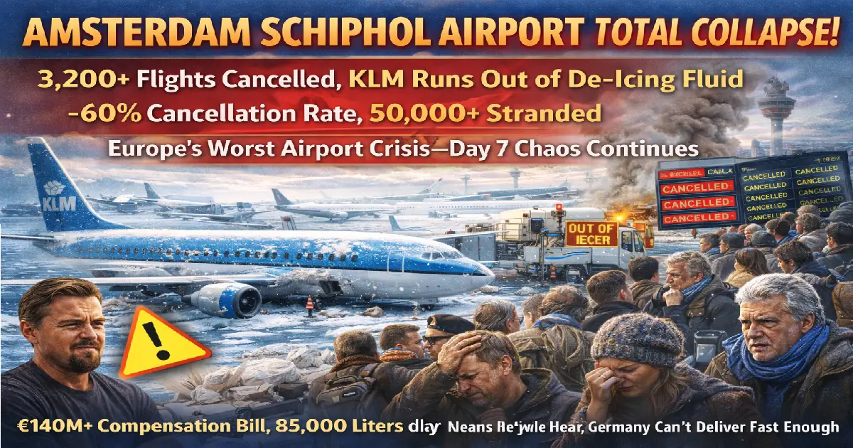 Snow-covered aircraft parked at Amsterdam Schiphol Airport during massive operational collapse with 3200 flight cancellations and de-icing fluid shortage stranding thousands January 2026