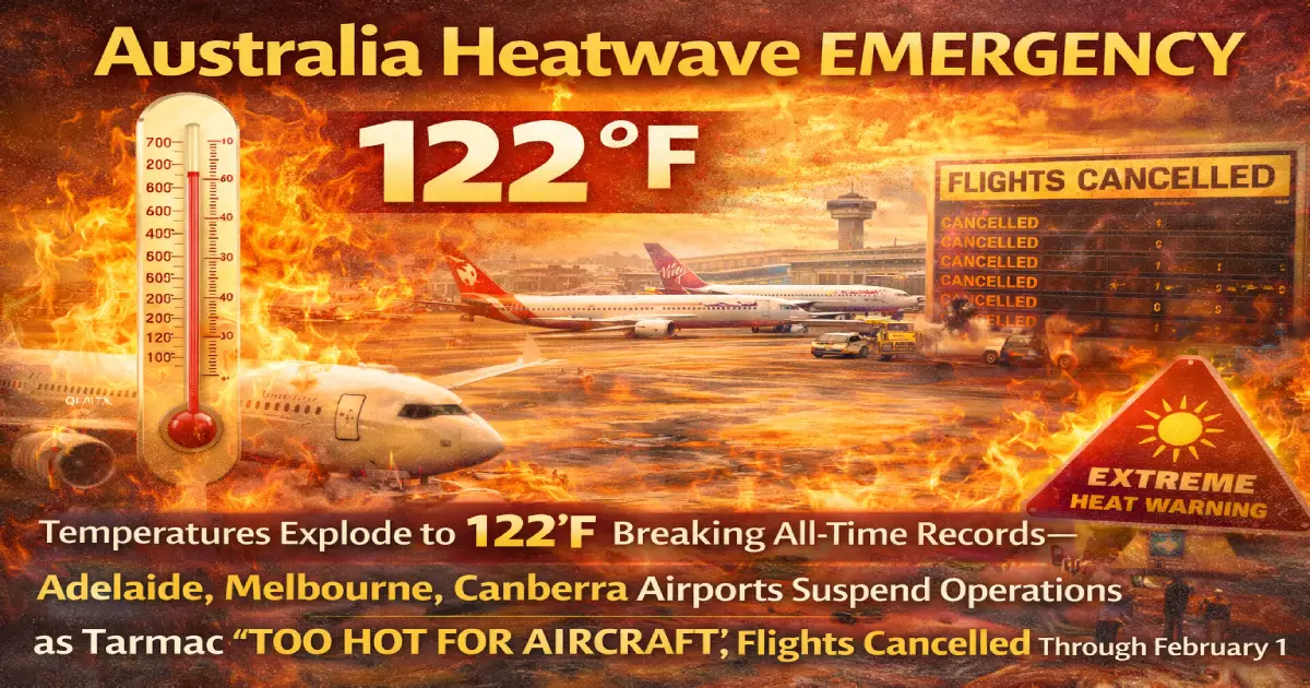 Australia heatwave emergency January 2026 showing 122 degrees Fahrenheit temperature Adelaide Melbourne Canberra airports flights cancelled tarmac too hot aircraft operations suspended