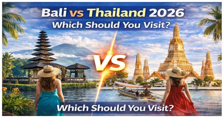 Bali vs Thailand comparison showing Bali rice terraces and Thai beach with temples and street food