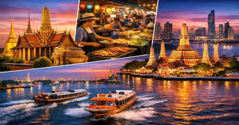 Bangkok attractions collage showing Grand Palace golden spires, vibrant street food markets at night, Wat Arun temple on riverside, modern rooftop bars, and Chao Phraya River express boats representing complete Bangkok itinerary experiences