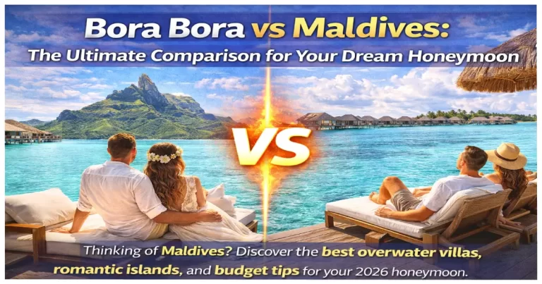 Split image comparing Bora Bora overwater bungalow with Mount Otemanu backdrop against Maldives overwater villa with turquoise lagoon