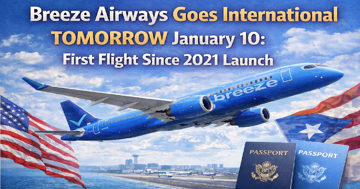 Breeze Airways Airbus A220-300 aircraft preparing for inaugural international flight from Norfolk Virginia to Cancun Mexico January 10 2026 marking David Neeleman airline first route outside United States