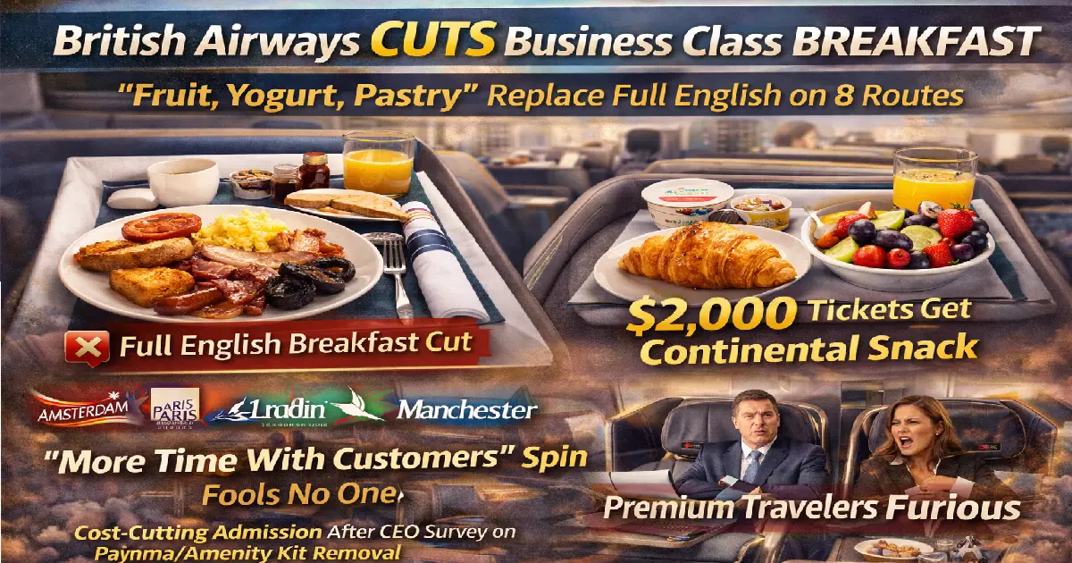 BA business class breakfast cut January 7: full English eliminated, fruit/yogurt/pastry continental snack replaces hot meal