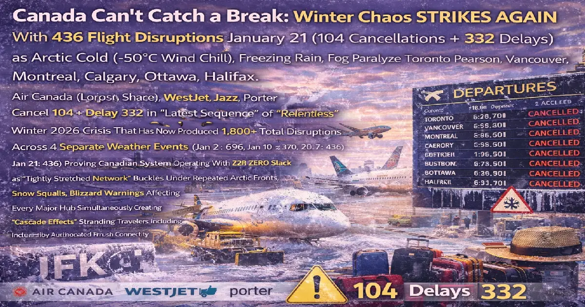Canada winter chaos January 21-23 2026 map showing 436 flights disrupted 104 cancellations 332 delays Arctic cold minus 50 degrees Celsius wind chill Toronto Pearson Vancouver Calgary Montreal airports Air Canada WestJet Porter Jazz relentless pattern