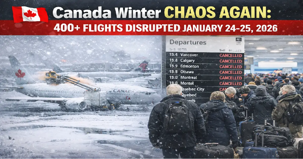 Canada winter crisis strikes again January 24-25: 400+ flight disruptions, -55°C cold, 20% Toronto Pearson cancellations. Air Canada/WestJet waivers active NOW.