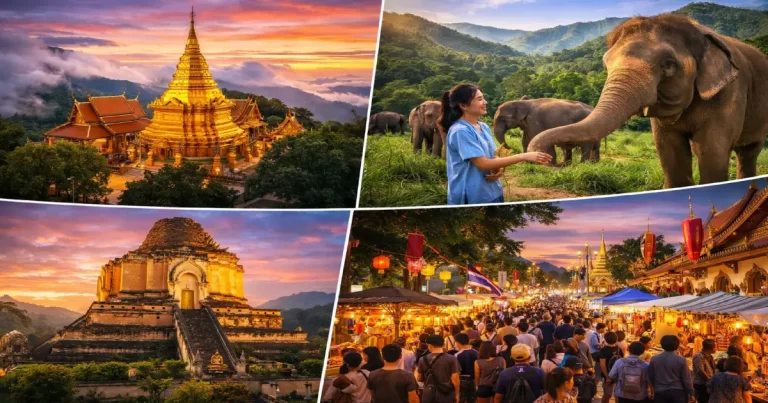 Chiang Mai attractions collage showing golden Wat Phra That Doi Suthep temple on misty mountaintop, ancient temple ruins in Old City, vibrant Sunday Walking Street night market, ethical elephant sanctuary experience, and lush mountain landscapes representing northern Thailand's cultural heart