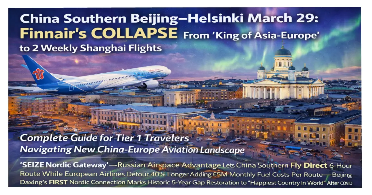 China Southern Airlines Boeing 787-9 Dreamliner Beijing Daxing Helsinki Vantaa airport March 29 2026 Finnair collapse Russian airspace advantage first Nordic route happiest country 5-year gap European carriers retreat Chinese carriers win Asia Europe market