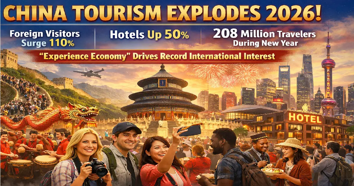 China tourism explodes 2026 with 110% foreign visitor surge, showing crowded attractions and hotels during New Year celebrations