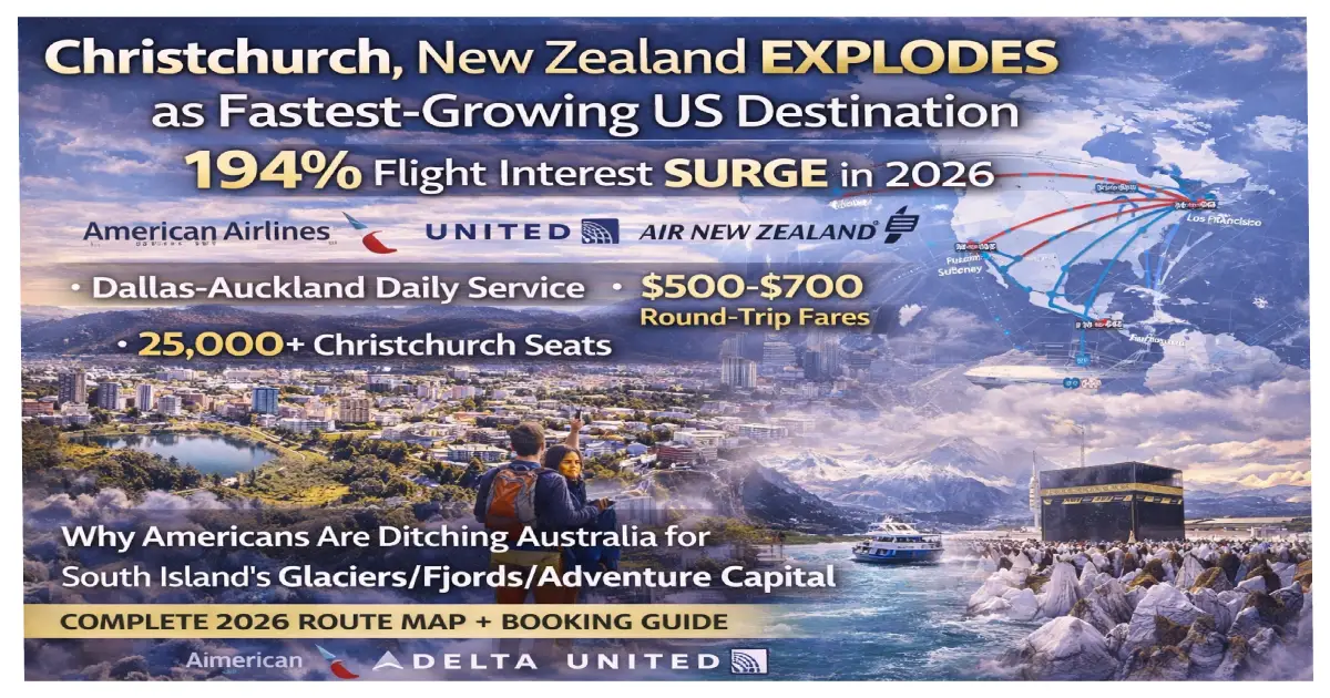 Christchurch New Zealand aerial view showing city and Southern Alps mountains with 194 percent surge in US flight interest for 2026 travel bookings