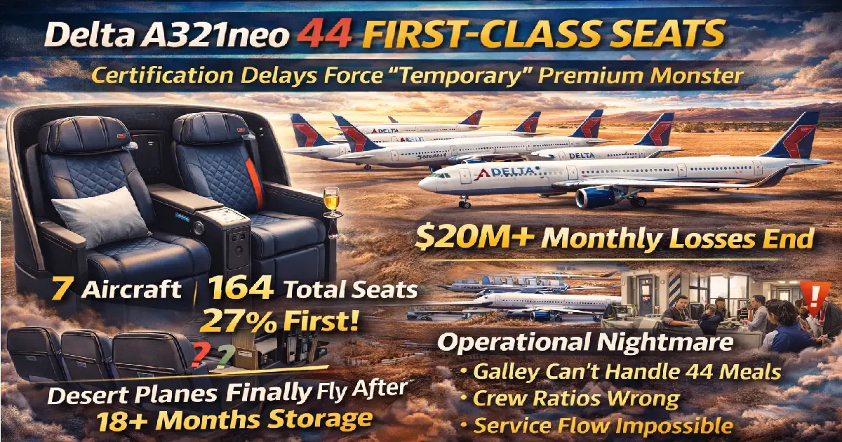 Delta A321neo 44 first-class seats cabin layout summer 2026, 11 rows premium, certification delays temporary configuration