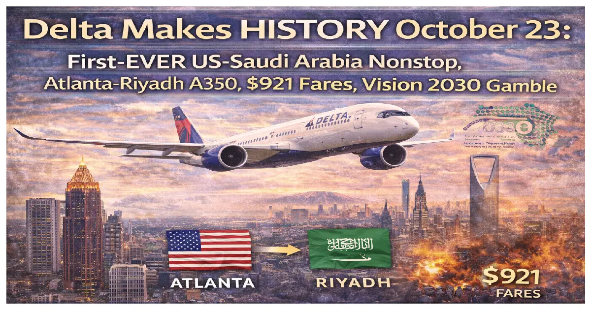 Delta Air Lines Airbus A350-900 aircraft at King Khalid International Airport Riyadh Saudi Arabia October 2026 inaugural flight from Atlanta marking first ever nonstop US-Saudi Arabia route in aviation history supporting Vision 2030 tourism initiative