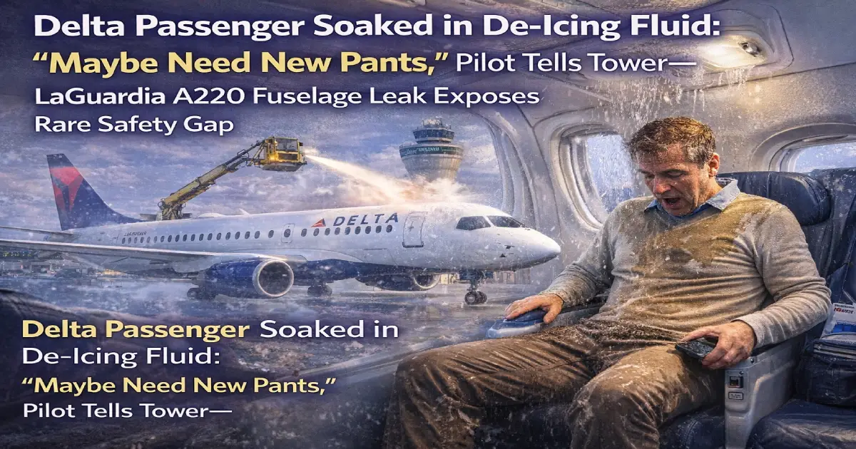 Delta Flight 1307 de-icing fluid leaks passenger soaked LaGuardia Jacksonville January 18 2026 Airbus A220 fuselage propylene glycol hazmat