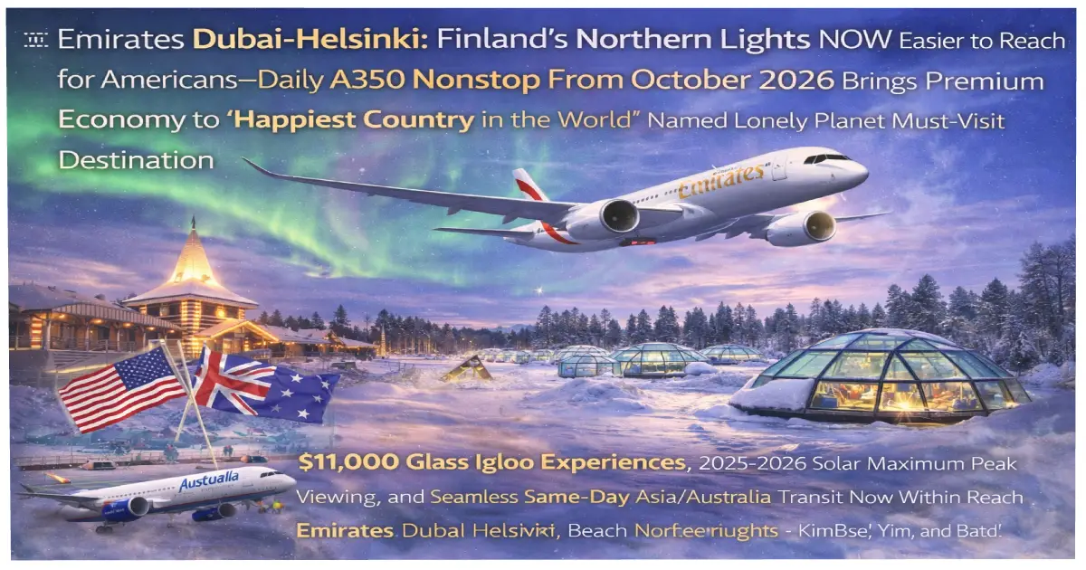Emirates Airbus A350-900 aircraft Dubai Helsinki route October 2026 Finland Northern Lights Lapland Rovaniemi accessibility Americans premium economy 298 seats daily nonstop Lonely Planet 2026 must-visit destination happiest country world