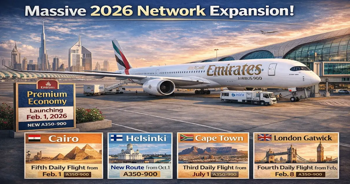 Emirates Airbus A350-900 aircraft with Premium Economy cabin at Dubai International Airport before launching February 1 2026 Cairo fifth daily flight plus Helsinki October 1 Cape Town third daily July 1 London Gatwick fourth daily February 8 representing massive 2026 network expansion