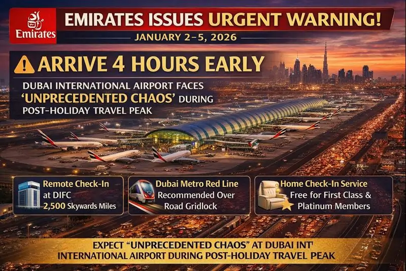 emirates dubai airport chaos january 2 5 2026 arrive 4 hours early
