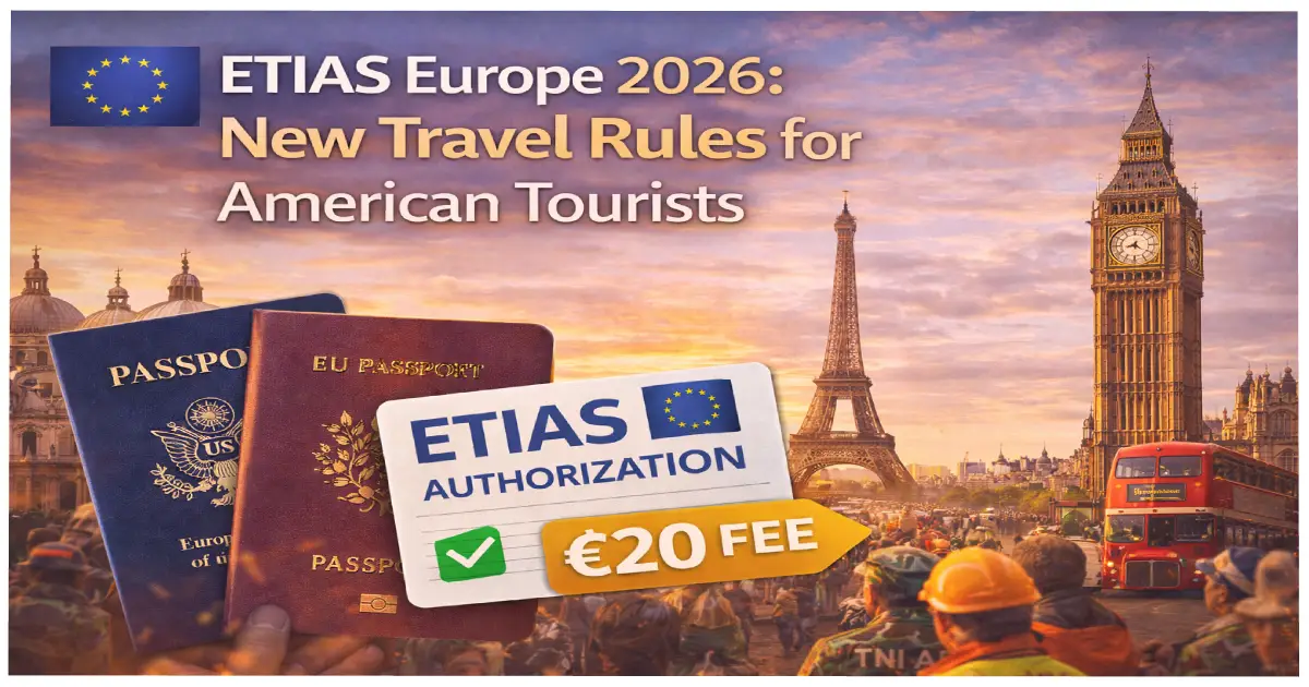 American passport with European Union flag representing new ETIAS travel authorization requirement for US citizens visiting Europe in 2026