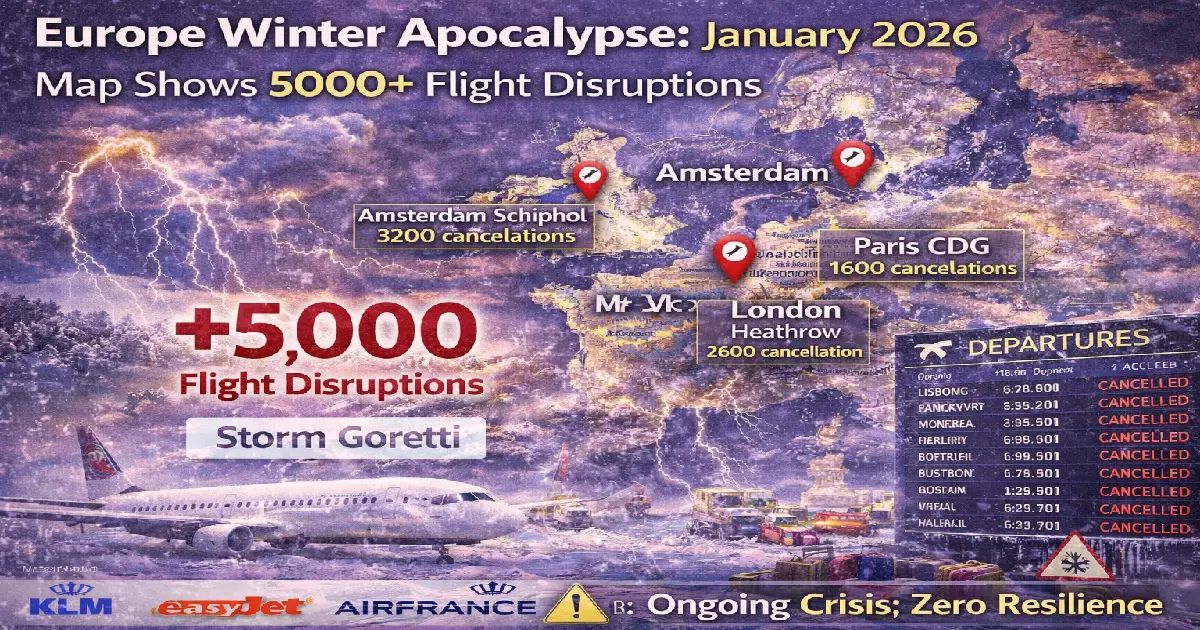 Europe winter apocalypse January 2026 map showing 5000 plus flight disruptions Amsterdam Schiphol 3200 cancellations Paris CDG London Heathrow Storm Goretti death toll 6 people pattern 10 events 19 days KLM easyJet Air France ongoing crisis zero resilience