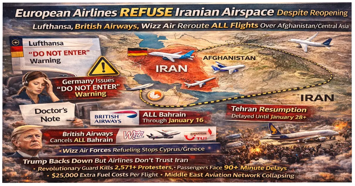 European airlines including Lufthansa British Airways Wizz Air rerouting flights around Iran and Iraq airspace on January 16 2026 despite reopening after 5-hour closure with flight paths showing detours over Afghanistan Central Asia to avoid Tehran protests and security concerns