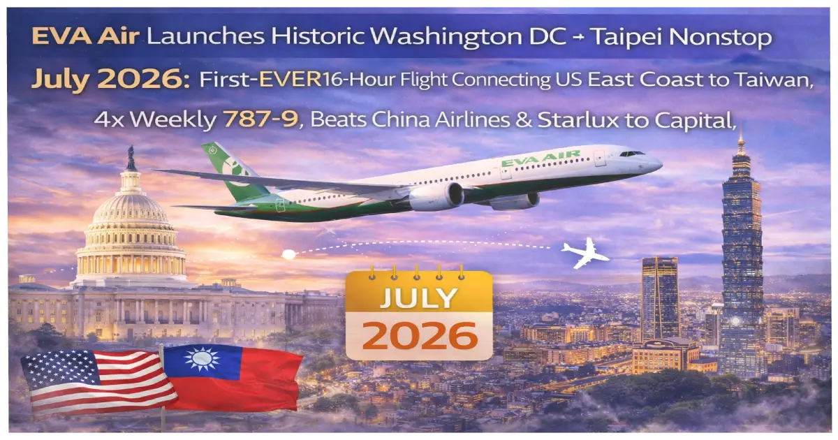 EVA Air Washington Dulles Taipei nonstop July 2026 first ever 16-hour flight Boeing 787-9 Star Alliance Taiwan East Coast