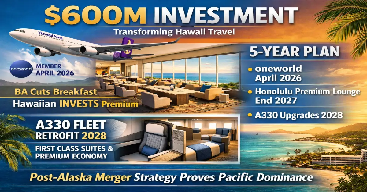 Hawaiian Airlines $600M investment: 10,600 sq ft Honolulu lounge end 2027, A330 first class suites retrofit starting 2028