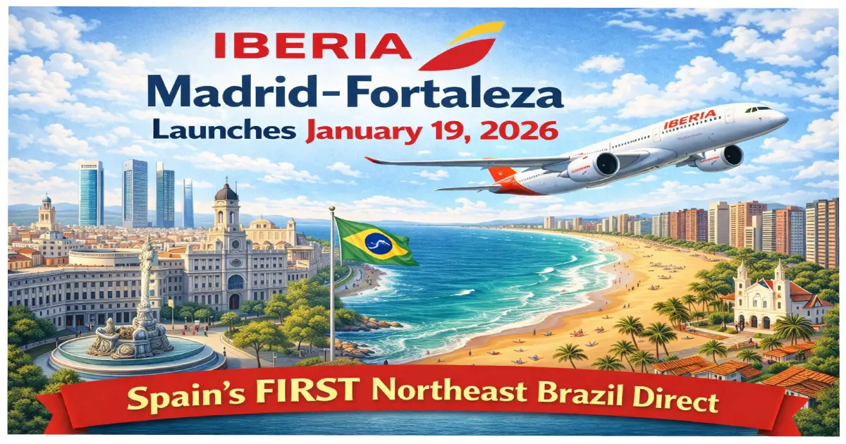 Iberia A321XLR aircraft Madrid-Fortaleza Brazil route map January 19 2026 first Spain Northeast Brazil direct flight beach destination
