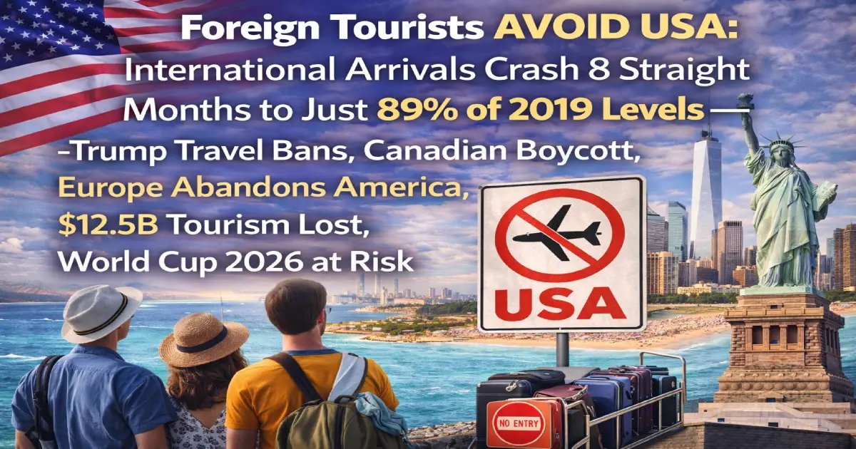 International travel to USA crashes 2026 foreign tourists avoid America 8 month decline Trump travel ban Canadian boycott Europe abandons