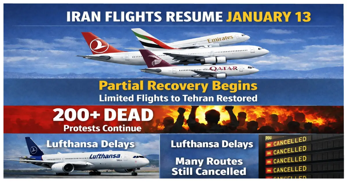 Tehran Imam Khomeini Airport Iran flights partial resumption January 13 2026 Turkish Airlines Emirates limited service after protests 200 dead security concerns