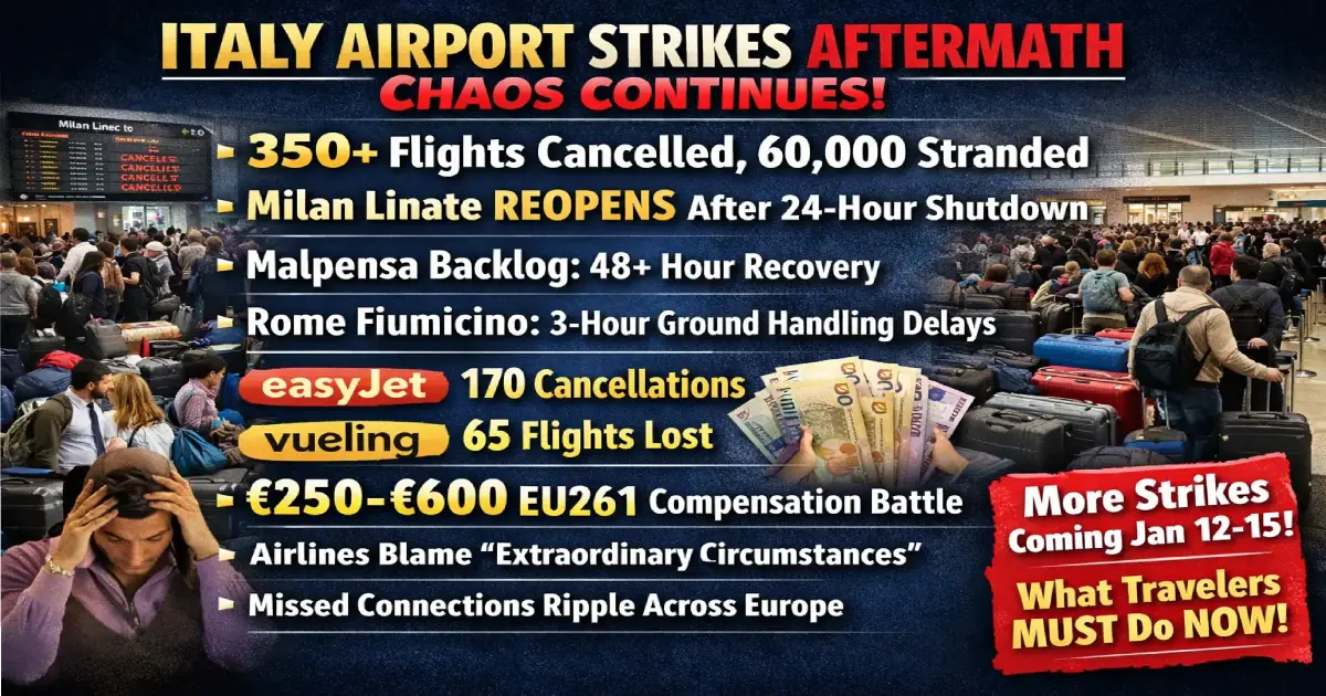 Passengers waiting at Milan Malpensa Airport during recovery from Italy airport strikes aftermath with cancelled flights delayed departures and ground handling backlog January 10 2026