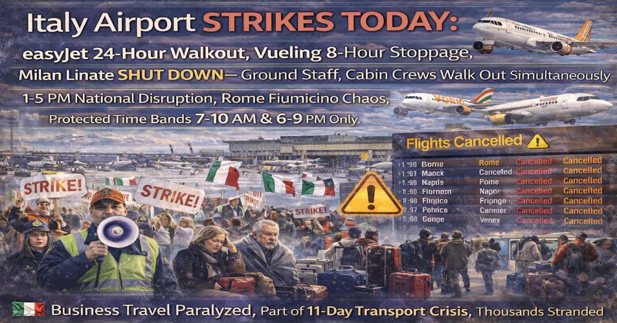 Crowded Milan Linate Airport during nationwide Italian aviation strike with easyJet and Vueling cabin crew walkout and ground staff protest January 9 2026 causing flight cancellations and delays