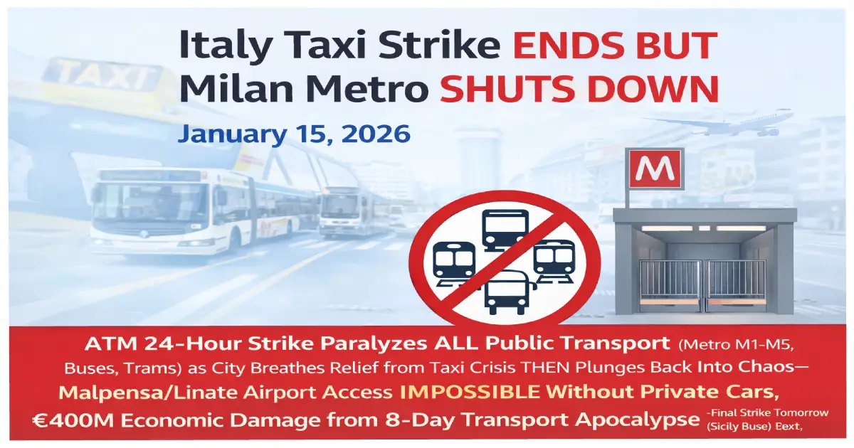Italy Milan metro shutdown January 15 2026 ATM strike all lines M1 M2 M3 M4 M5 closed buses trams Malpensa Linate airport access crisis