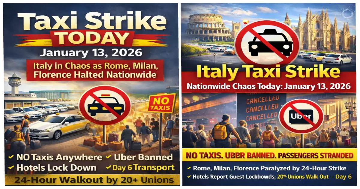 Empty taxi stands Rome Italy January 13 2026 nationwide 24-hour taxi strike drivers walkout transport crisis day 6 passengers stranded