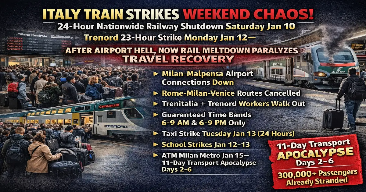 Crowded Milan train station during Trenord railway strike weekend January 10-12 2026 with passengers stranded after airport strikes chaos recovery disruption Italy transport crisis
