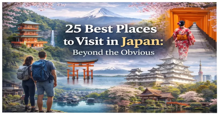 Stunning collage showing diverse Japan destinations including Mount Fuji with cherry blossoms, Kyoto temples, Okinawa beaches, and traditional Japanese villages
