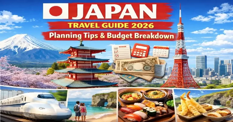 Japan travel guide 2026 showing Tokyo skyline with Mount Fuji and cherry blossoms for complete trip planning