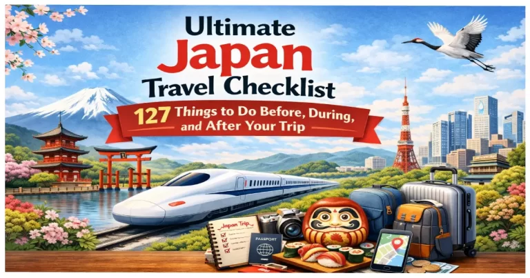 Flat lay of essential Japan travel items including passport, Japanese yen bills, JR Pass, IC card, and packing checklist on wooden table