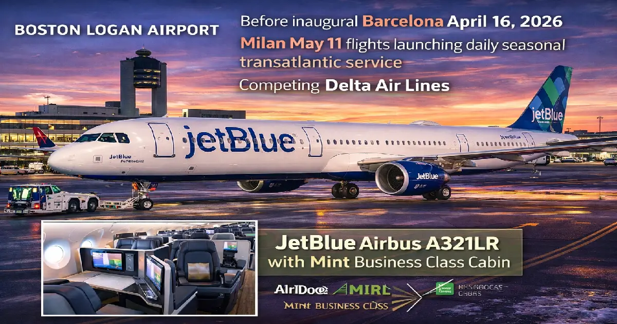 JetBlue Airways Airbus A321LR aircraft with Mint business class cabin at Boston Logan Airport before inaugural Barcelona April 16 2026 Milan May 11 flights launching daily seasonal transatlantic service competing Delta Air Lines