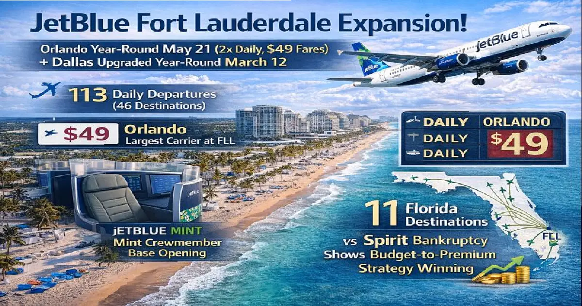 JetBlue Fort Lauderdale route map showing Orlando and Dallas year-round service, 113 daily departures, 46 destinations 2026